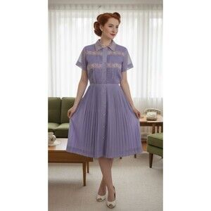 Vintage 1950's Blue Shirtdress Pleated Skirt Lace Collar Button Front Day Dress